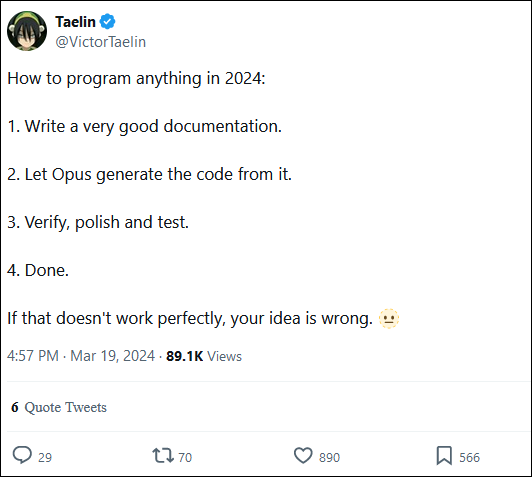 How to program anything in 2024: 1. Write a very good documentation. 2. Let Opus generate the code from it. 3. Verify, polish and test. 4. Done.